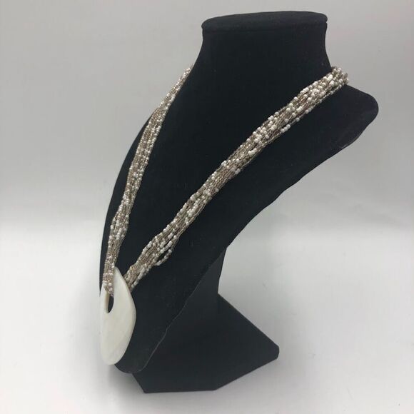 White Shell Beaded Necklace and White Beaded Dangling Pierced Earring Set - Picture 4 of 12